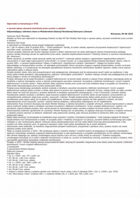 Odpowiedź na interpelację nr 9750